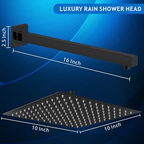 Voolan All Metal Shower Head with Extension Arm, Stainless Steel Waterfall Rainfall Showerheads, High Flow Bathroom Square Rain Shower Head (10’’ Shower Head with 16’’ Shower Arm, Black) - color: Matte Black, size: 10’’ Shower Head with 16’’ Shower Arm