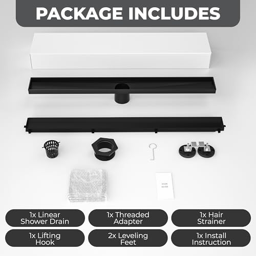 24-Inch Linear Shower Drain - 304 Stainless Steel | Reversible 2-in-1 Flat & Tile Insert Cover, Rectangular Floor Drain Set with Hair Catcher & Adjustable Leveling Feet - color: Matte Black, size: 24 Inch
