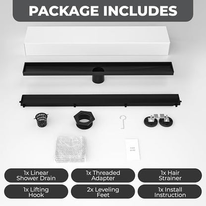 24-Inch Linear Shower Drain - 304 Stainless Steel | Reversible 2-in-1 Flat & Tile Insert Cover, Rectangular Floor Drain Set with Hair Catcher & Adjustable Leveling Feet - color: Matte Black, size: 24 Inch