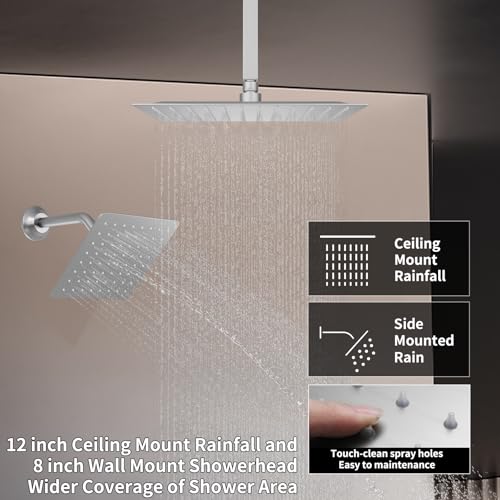 Thermostatic Full Body Shower System with Ceiling 12 inch Rainfall Shower and 8 inch Shower Head, Brushed Nickel Shower Faucet Set with Handheld Sprayer and 4 PCS Body Jet - color: Brushed Nickel, size: 12+8" Ceiling Shower