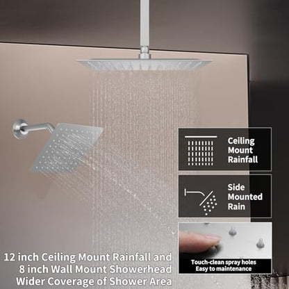 Thermostatic Full Body Shower System with Ceiling 12 inch Rainfall Shower and 8 inch Shower Head, Brushed Nickel Shower Faucet Set with Handheld Sprayer and 4 PCS Body Jet - color: Brushed Nickel, size: 12+8" Ceiling Shower