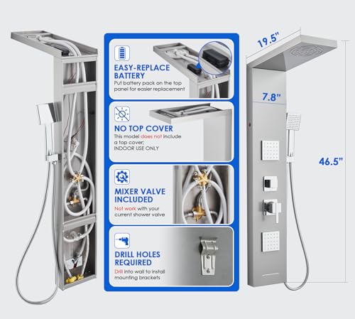 ROVOGO Shower Panel Tower System With Led Lights, 5 Shower Modes, Brushed | Rainfall Mist Shower Head, 3 Body Jets, Handheld and Tub Spout, Stainless Steel Shower Column With Mixing Valve, 46.5 Inch - style: Brusehd- With Led Lights