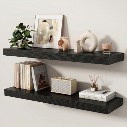 Floating Shelves for Wall, 36 Inch x 8 Inch Deep Wall Mounted Wood Shelf with Invisible Brackets for Storage & Display, Living Room Bedroom Kitchen, Black, Set of 2 - color: Black, size: 36 Inch, Set of 2