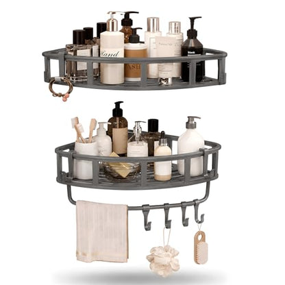Shower Caddy Hanging Gray, 2 Pack Rustproof Adhesive Corner Shower Shelves | 40 Lb Secure Hold, Powder-Coated Stainless Steel, Fast-Draining Wire Baskets, 5 Removable Hooks, Fit 90-Degree Tile and Glass