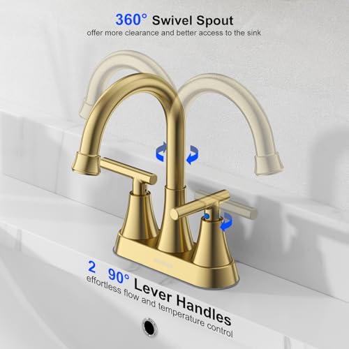 Brushed Gold Bathroom Faucet, Hurran 4 inch Centerset 2-Handle Lead-Free | Bathroom Sink Faucet with Pop-up Drain and Supply Lines, Stainless Steel Faucet for Vanity RV Restroom Laundry Outdoor Sink - color: Brushed Gold