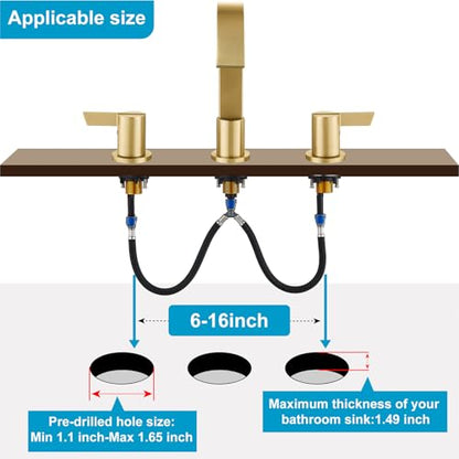 Midanya 8 Inch Widespread Bathroom Sink Faucet 3 Hole,Gold | Waterfall Swivel Spout,2 Handle,SUS304,with Pop Up Drain,cUPC 24" Water Hose,for 6-16” hole distance vanity,RV,Farmhouse Sink - color: Gold
