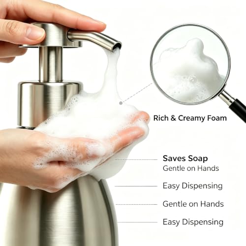 500ml Stainless Steel Foam Soap Dispenser, 17oz Refillable Brushed Nickel Hand Soap Pump Bottle for Bathroom Kitchen Sink, Rustproof Foaming Soap Dispenser for Dish Soap, Hand Wash & Lotion