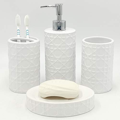 CAA'S Bathroom Accessories Set Ceramic 4 Pieces Bathroom Ensemble for Bath Decor Includes Lotion Dispenser Toothbrush Holder Tumbler Soap Dish (White Netting) - style: Luxury,Elegant