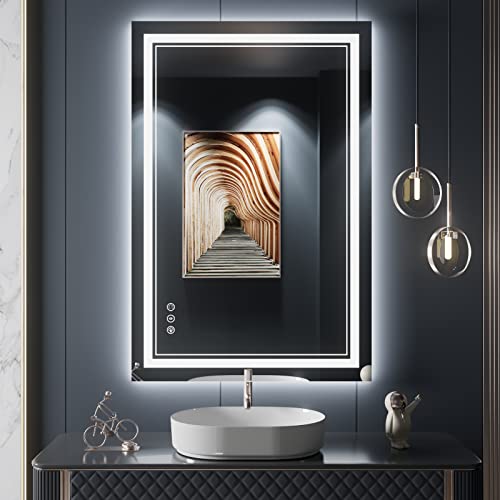24x36 Inch LED Bathroom Mirror with Lights | Front and Backlit, 3 Colors, Dimmable, Memory, Anti Fog, Shatterproof, Horizontal/Vertical, Lighted Mirrors for Bathroom Wall - color: Dual Lights, size: 24"L x 36"W