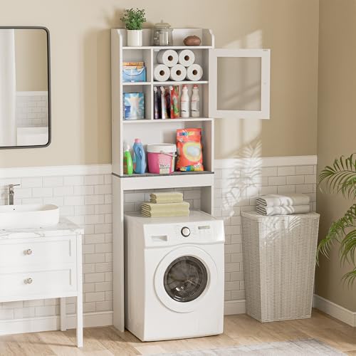 SUPER DEAL Over The Toilet Bathroom Storage Cabinet Freestanding Wooden Bathroom Organizer with Adjustable Shelves and Glass Door, White - color: White