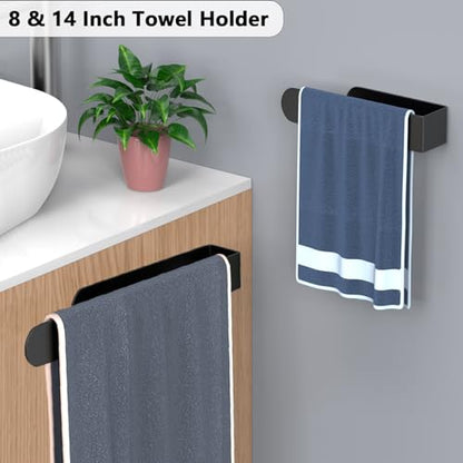 HUFEEOH Adhesive Hand Towel Holder, 8 Inch Sticky Towel and 14 Inch Bar Towel Holder Wall Mounted, Stainless Steel Kitchen Towel Holder Hand Towel Rack for Bahtroom Hotel RV Kitchen (Black 8"&14”) - color: Black, size: 2PC (8 Inch + 14 Inch)