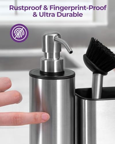 Kitchen Sink Caddy Organizer Stainless Steel Dish Soap Dispenser Set-3 in 1 | Kitchen Soap Dispenser,Sponge Holder for Kitchen Sink with Dish Brush,Dish Brush Holder-Rustproof,Multifunctional