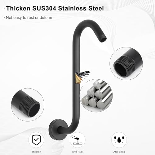 S Shaped Shower Arm, High Rise Shower Head Extension Pipe Standard 1/2" Connection with Flange, Awesome Shower Experience-Stainless Steel Bathroom Accessory(12 Inch S Shape, Matte Black) - color: Matte Black, style: 12" S Shape