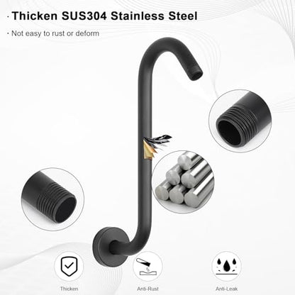 S Shaped Shower Arm, High Rise Shower Head Extension Pipe Standard 1/2" Connection with Flange, Awesome Shower Experience-Stainless Steel Bathroom Accessory(12 Inch S Shape, Matte Black) - color: Matte Black, style: 12" S Shape