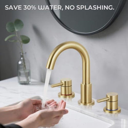 Bathroom Faucet 3 Hole Brushed Gold, 2-Handle Widespread Faucet | Lead-free stainless steel, pop-up drain, Detachable faucet aerator, 360°swivel, for RV & vanity sink 3-hole mount - color: 1-Brushed Gold, style: 8 Inch Widespread