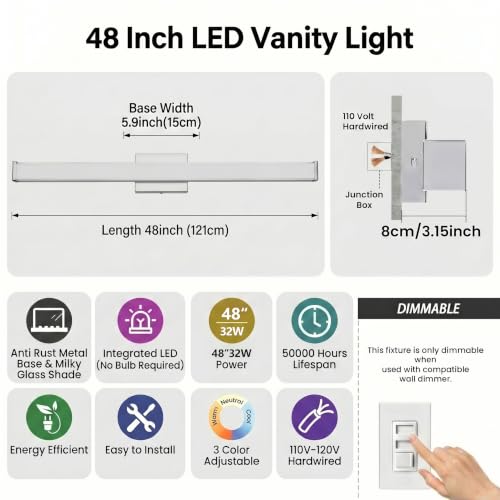 URSOLA 48" Modern LED Bathroom Light Fixtures, Chrome 3CCT Dimmable Bathroom Vanity Light Over Mirror, Bathroom Vanity Bath Bar Lights with Double Layer Acrylic Shade - color: Chrome, size: 48inch