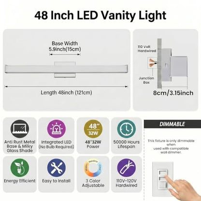 URSOLA 48" Modern LED Bathroom Light Fixtures, Chrome 3CCT Dimmable Bathroom Vanity Light Over Mirror, Bathroom Vanity Bath Bar Lights with Double Layer Acrylic Shade - color: Chrome, size: 48inch
