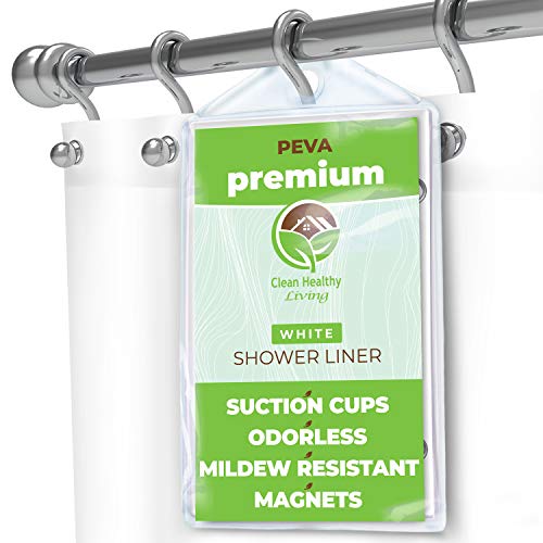 PEVA Shower Curtain Liner, White, 70 x 71 in, Premium | Premium PEVA shower liner, White, 70 x 71 in; magnets and suction cups help reduce shifting along the tub or shower. - color: White