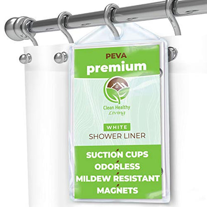 PEVA Shower Curtain Liner, White, 70 x 71 in, Premium | Premium PEVA shower liner, White, 70 x 71 in; magnets and suction cups help reduce shifting along the tub or shower. - color: White