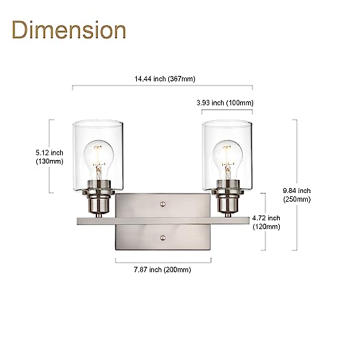 Modern Bathroom Vanity Light,2 Light Industrial Wall Sconces in Brushed Nickel Finish Indoor Metal Base Wall Mounted Fixture with Clear Glass Shade - color: Brushed Nickel, size: 2 Light