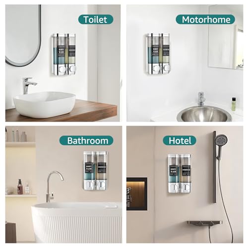 Wall-Mounted Shampoo and Conditioner Dispenser 2 Chamber No Drill,Chrome | Shower Soap Dispenser for Bathroom Hotel Large Capacity,each 300ml with two waterproof labels - color: 2chrome