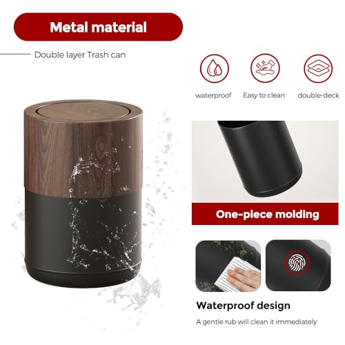 3.1 GAL Modern Metal Trash Can with Realistic Wood Texture,Built-in Bag Holder,Flip Lid,Small Bathroom Garbage Can for Bathroom,Home,Office,Living Room (3.1gal Swing lid) - color: 3.1gal swing lid