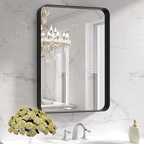 LOAAO 22X30 Inch Black Bathroom Mirror Metal Framed | Rounded Rectangle, Matte Black Bathroom Vanity Mirror, Anti-Rust, Hangs Horizontally or Vertically - color: Black, size: 30"L x 22"W