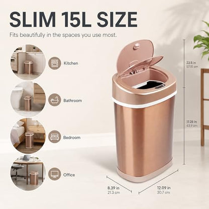 Motion Sensor Trash Can, 15L Touchless Automatic Garbage Can with Lid, Stainless Steel for Kitchen, Bathroom, Office, Quiet Soft-Close, Long Battery Life, Champagne Gold - color: Champagne gold