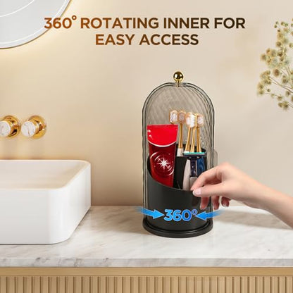 3 Slots Rotating Toothbrush Holders with Lid for Bathroom | Coverd Tooth Brush Holders for Countertop, Concealed Makeup Brush Holder, Toothpaste Holder-Black - color: Black