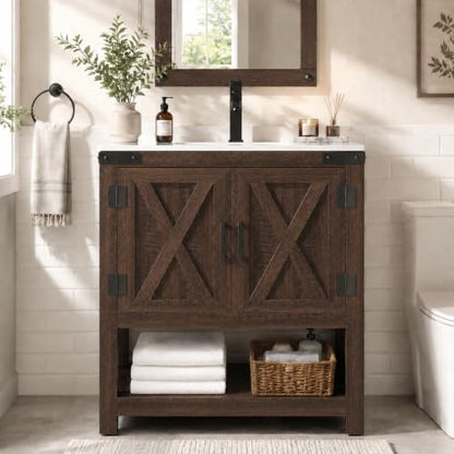 AMERLIFE 24" Brown Farmhouse Bathroom Vanity with Sink and Open Shelf | Rustic Brown, Single Solid White Integrated Top, Moisture-Resistant MDF, Barn Doors, Open Shelf, Paper Towel Holder - color: Rustic Brown, size: 24“