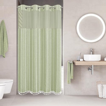 eachope No Hook Stall Shower Curtain with Snap-in Fabric Liner - 54x80 Heavy-Duty Linen Textured Striped Design,Narrow Rustic Modern Farmhouse Bohemian Bathroom Curtain,Water-Repellent,Sage Green - color: Sage Green, size: 54"W x 80"L (Pack of 1)