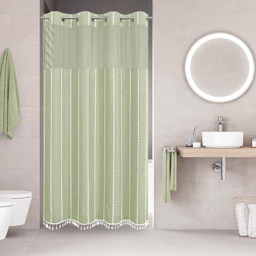 eachope No Hook Stall Shower Curtain with Snap-in Fabric Liner - 54x80 Heavy-Duty Linen Textured Striped Design,Narrow Rustic Modern Farmhouse Bohemian Bathroom Curtain,Water-Repellent,Sage Green - color: Sage Green, size: 54"W x 80"L (Pack of 1)