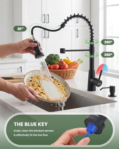 APPASO Black Kitchen Faucet with Soap Dispenser & Pull Down Sprayer | NSF/ANSI/CAN 372 & Lead-free, SUS304 Stainless Steel 3 Modes Faucet for Farmhouse, Bar & RV - color: Matte Black