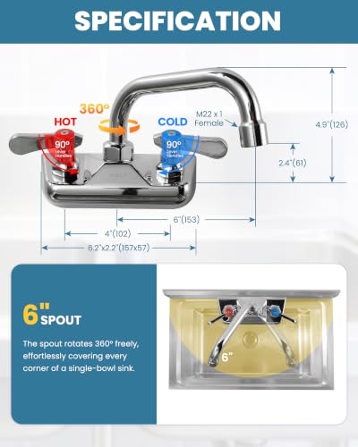 Commercial Hand Sink Faucet: 6" Swivel Spout 4'' Center Wall Mount Utility Faucet, Brass Constructed with 360° Swivel Spout, Dual Lever Handles, Restaurant/Laundry/Bar/RV, Chrome Polished - size: 4"center 6"