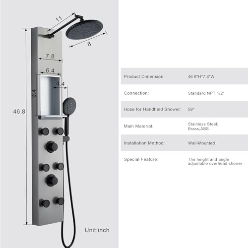 POPFLY Shower Panel Tower System with 8-inch Rainfall Shower and Shelf | Adjustable Shower Arm Height Rainfall Head, 6 Body Jets and 5-Setting Handheld Shower, Brushed Nickel, Stainless Steel - color: 6 Jets with Shelf-Brushed