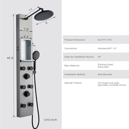POPFLY Shower Panel Tower System with 8-inch Rainfall Shower and Shelf | Adjustable Shower Arm Height Rainfall Head, 6 Body Jets and 5-Setting Handheld Shower, Brushed Nickel, Stainless Steel - color: 6 Jets with Shelf-Brushed