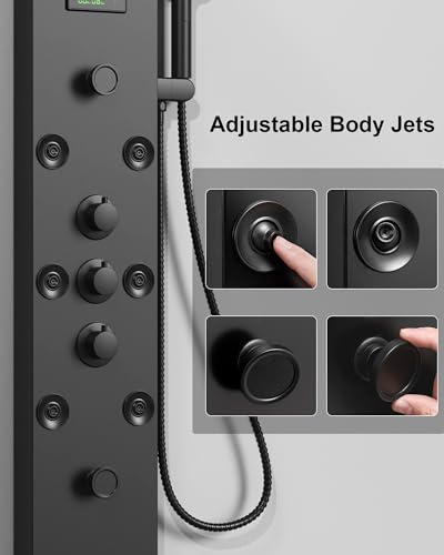 5 In 1 Shower Panel Tower System Stainless Steel Bathroom Panel Matte Black | LED Rain Waterfall Shower Head and Adjustable Massage Body Jets 3 Settings Handheld Head and Tub Spout by Homevacious - color: Matte Black