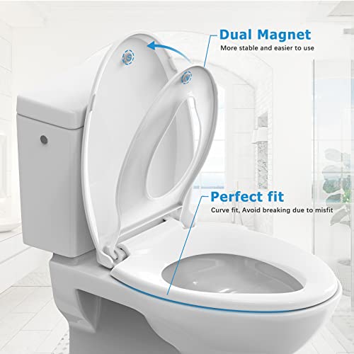 19'' Elongated Toilet Seat with Built-In Toddler Seat, Soft Close Potty Training Toilet Seat for Adult & Child, Durable PP Seat, Easy to Install & Remove, Fits Most Standard Toilets - color: White, size: Elongated with Toddler Seat