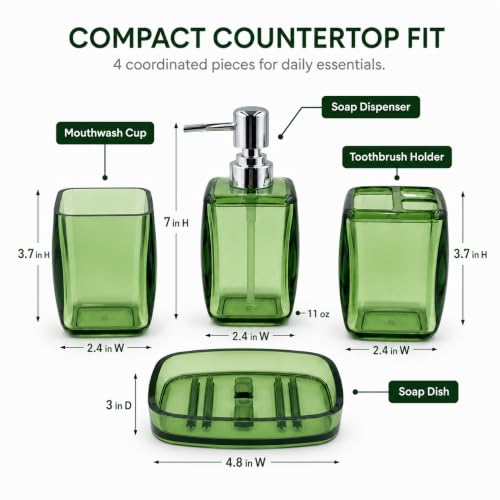 LGURT 4pc Green Acrylic Bathroom Set — Soap Dispenser & Divided Cup | soap dispenser, soap dish, cup & toothbrush cup. Green acrylic, gift-ready for housewarming, hotel, dorm or bath refresh. - color: Fresh Green