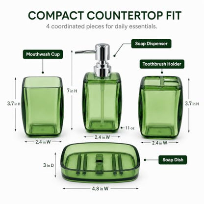 LGURT 4pc Green Acrylic Bathroom Set — Soap Dispenser & Divided Cup | soap dispenser, soap dish, cup & toothbrush cup. Green acrylic, gift-ready for housewarming, hotel, dorm or bath refresh. - color: Fresh Green