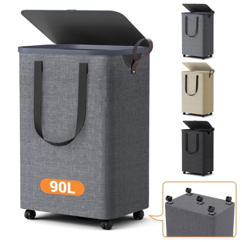 Laundry Basket with 5 Wheels, Tall Dirty Laundry Hamper, Rolling Laundry Basket with Lid, Large 90L Collapsible Clothes Hamper for Laundry Room Bedroom Bathroom Dorm, Light Gray - color: Light Gray, size: 90L