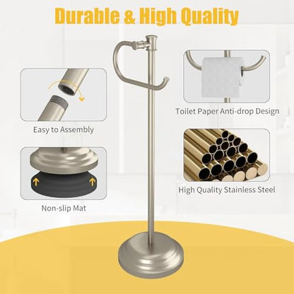 Toilet Paper Holder Floor Stand, Bathroom Freestanding Nickel | Toilet Tissue Roll Holder, Free Standing Rack with Storage, Weighted Base Accessories, SUS304 Stainless Steel Rustproof - color: Nickel