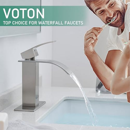 VOTON Waterfall Bathroom Faucets Brushed Nickel Modern Single Handle Sink Faucet for 1 or 3 Holes with Deck Plate and Pop-Up Drain, Rv Sink Camper Farmhouse Faucet - color: Brushed Nickel