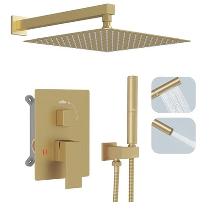 Hoimpro Brushed Gold Rain Shower Head System Faucet Set Handheld Spray | High Pressure 12 Inch Bathroom Rainfall Shower Head,2-in-1 Handheld Showerhead Combo, Shower Faucet Valve with Trim Kit - color: Brushed Gold