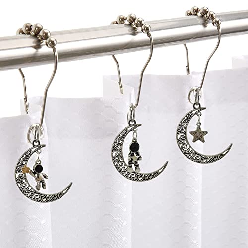 12Pcs Astronaut Shower Curtain Hooks for Bathroom Shower Rod | Rust-Proof Stainless Steel Shower Curtain Rings for Shower Curtain Liners with Fun Pendant, Space Moon Theme Bathroom Decor