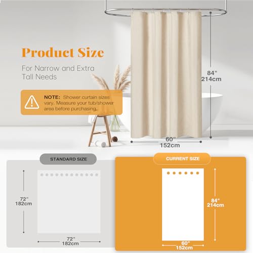 Narrow Long Linen Textured Fabric Shower Curtain, 60x84, Beige/Cream | Narrow Long Size, 230GSM Waterproof Polyester, Heavy Duty Cloth, Weighted Hem, 10 Hooks, Modern Hotel Style, Machine Washable - color: A - Cream, size: 60"W x 84"L (Pack of 1)