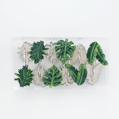 Leaves Shower Curtain Hooks - Modern Tropical Leaf Green Plant Leaf Decorative Stainless Steel Shower Rings Hangers for Mother Daughter Sister Friends Bathroom Accessories