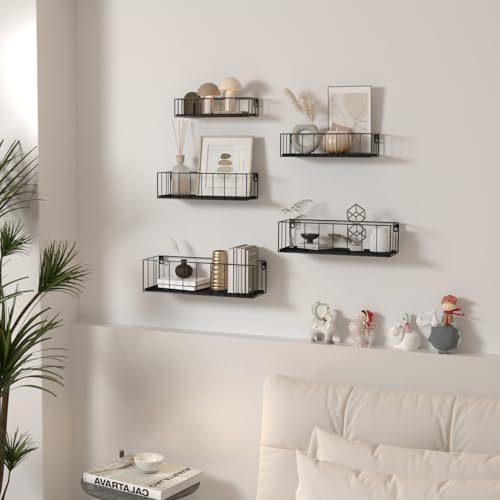CRUGLA Black Floating Shelves Wall Mounted Set of 5, Hanging Wall Shelf with Rail for Bathroom, Bedroom, Living Room, Kitchen - color: Black