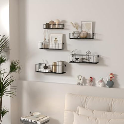 CRUGLA Black Floating Shelves Wall Mounted Set of 5, Hanging Wall Shelf with Rail for Bathroom, Bedroom, Living Room, Kitchen - color: Black