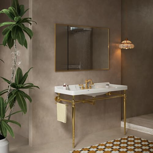 48" Bathroom Console Sink, VICI Wall Mounted Ceramic Basin with 3 Faucet Holes, Vanity Sink with Overflow, Freestanding Stainless Steel Legs, Towel Bar, Modern Bathroom Sink, White Top+Gold Leg - color: White,gold, size: 48''+White Top+Gold Leg